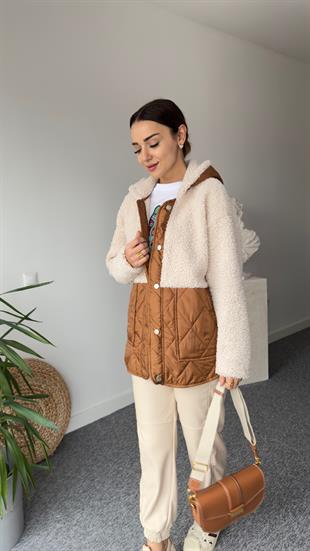 Kahve Kapitone Detaylı Ekru Teddy Ceket