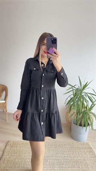 Volanlı Siyah Denim Elbise 