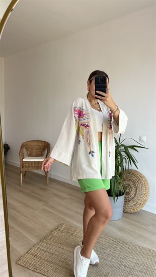 Renkli Nakış Detaylı Keten Kimono