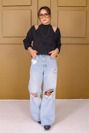 Siyah İçi Atletli V Yaka Triko Takım