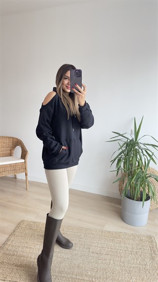Omuz Pencere Detaylı Siyah Sweat