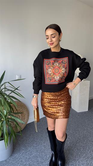 Tulis Kırmızı Baskı Siyah Sweatshirt