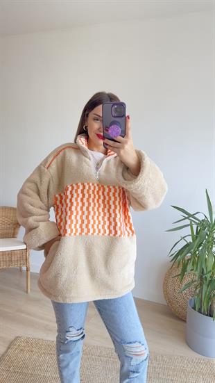 Turuncu Desenli Peluş Sweat