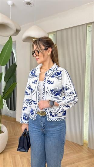 Lumine Mavi Nakış İşlemeli Ceket