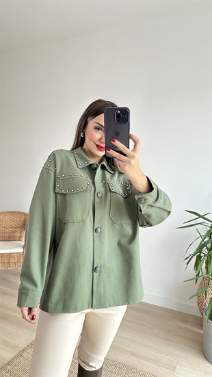 Parlak Taş Detaylı Haki Gömlek Ceket
