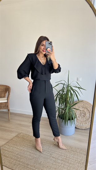 V Yaka Siyah Şifon Bluz 