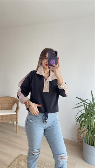 Sırtı Poplin Düğmeli Sweatshirt
