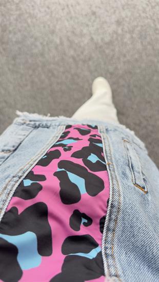 Lera Pembe Leopar Detaylı Tasarım Jean Ceket