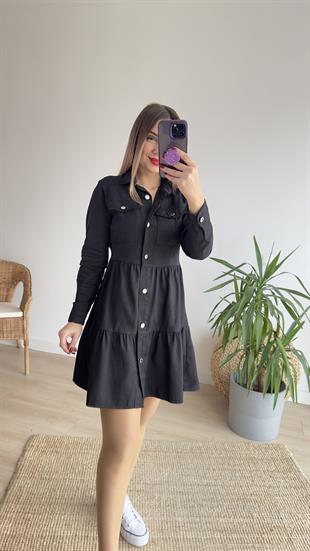 Volanlı Siyah Denim Elbise 