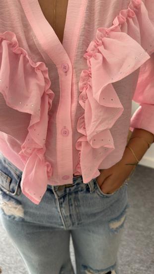 Pembe Fırfırlı Taş Detaylı Gömlek