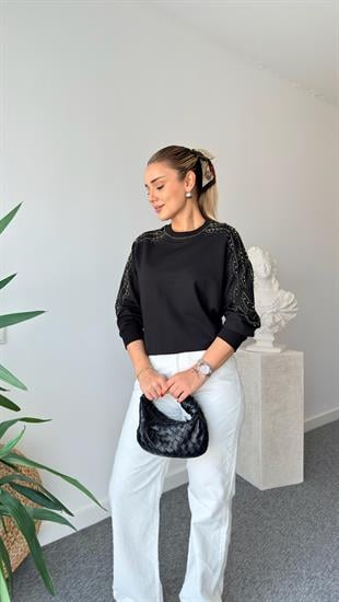 Siyah Gausi Kollar Taşlı Sweatshirt