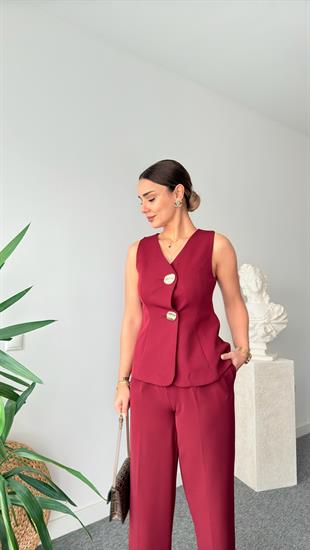 Bordo Vagner Gold Düğme Yelek