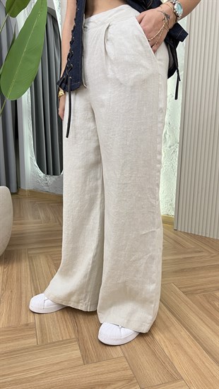 Bej Ham Keten Bol Paça Pantolon