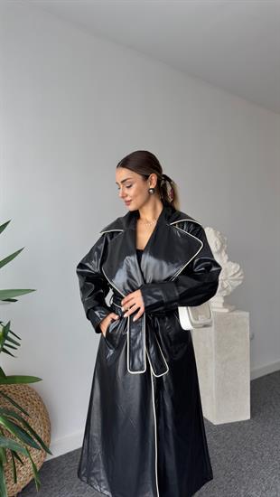 Beyaz Biyeli Premıum Deri Trençkot