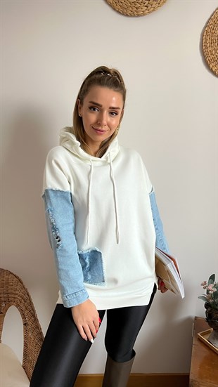Kot Detaylı Kapüşonlu Sweatshirt