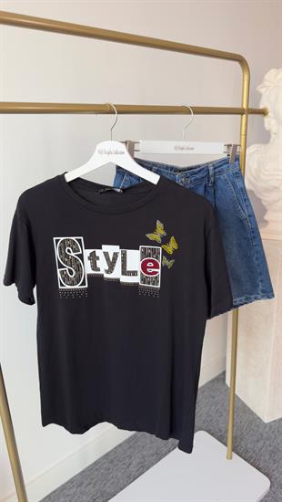 Style Taş Baskı Siyah Tshirt