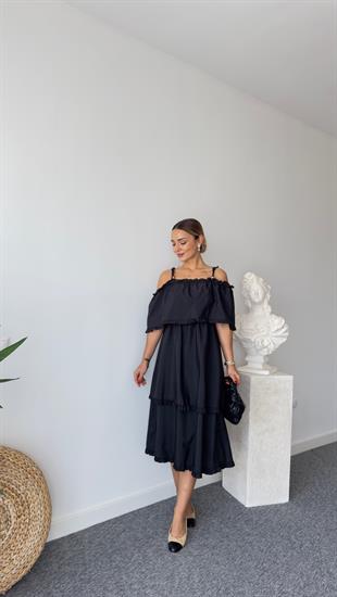 Madonna Yaka Katlı Siyah Elbise 