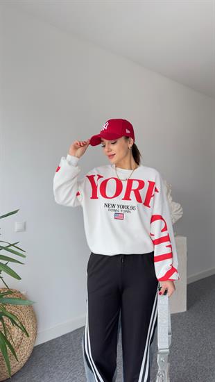 Kırmızı New York Yazılı Sweatshirt