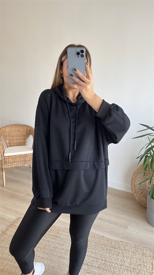 Siyah Oversize Kapüşonlu Sweat