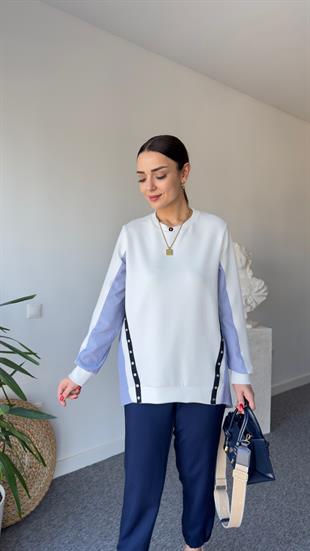 Sırt Poplin Detay Düğmeli Beyaz Modal Sweat