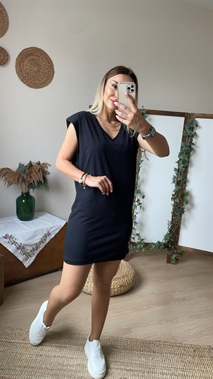 Vatkalı V Yaka Siyah Basic Elbise