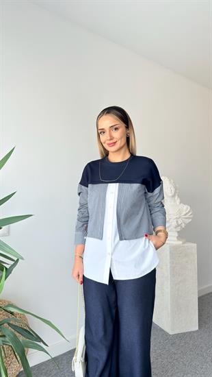 Livya Çizgili Lacivert Gömlek Detaylı Sweat