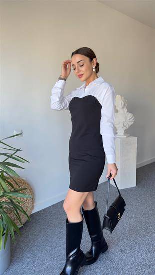 Rive Gömlek Yaka Siyah Elbise 