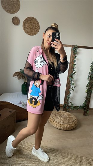 Minnie Mouse Detaylı Pembe Hırka