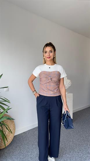 Önü Büzgülü Ekoseli Tshirt