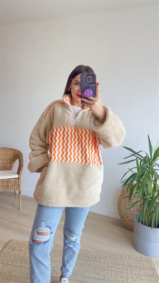 Turuncu Desenli Peluş Sweat