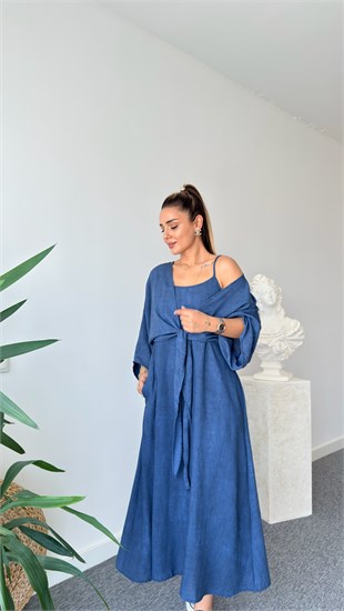 Lacivert Loter Bluz Elbise İkili Takım
