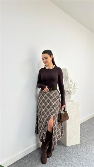 Kahve Orne Zra Model Kemerli Ekose Etek