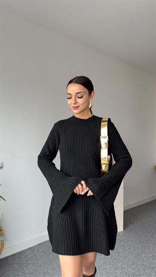 Olla Fitilli Siyah Triko Elbise
