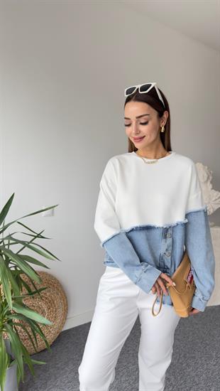 New Asimetrik Kot Detay Beyaz Tasarım Sweat