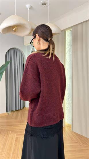 Bordo Honna Etek Ucu Dantel Detaylı Kazak