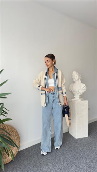 Mavi Şeritli Kot Detaylı Premıum Hırka