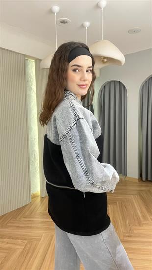 Gri Kot Garnili Fermuarlı Sweat