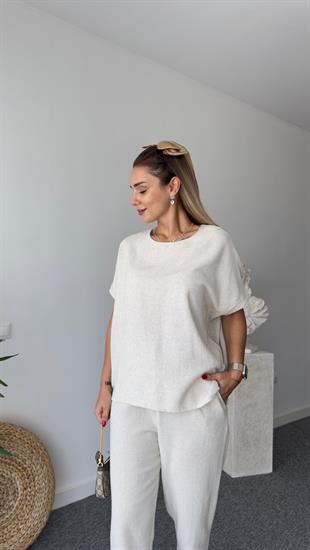 Nujo Kısa Kollu Bej Keten Takım