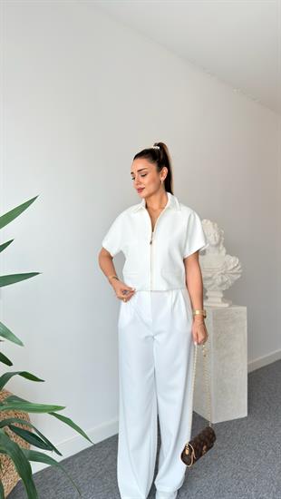 Beyaz Fermuarlı Zra Model Ceket Takım