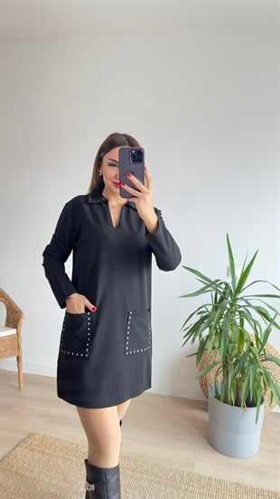 Zımba Detaylı Polo Yaka Siyah Elbise 