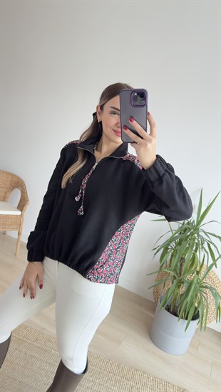 Çiçek Baskı Detaylı Siyah Sweatshirt