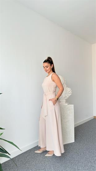 Carta Kuşaklı Bej Bol Paça Tulum