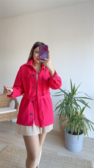 Kuşaklı Pembe Kaşe Ceket 