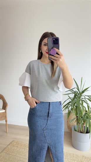 Kolları Poplin Gri Basic Tshirt