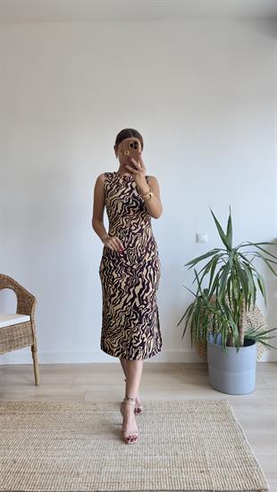Belis Bordo Bej Desenli Yırtmaçlı Elbise 