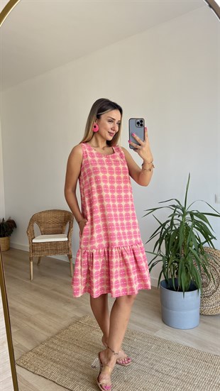 Pembe Desenli Cepli Keten Elbise