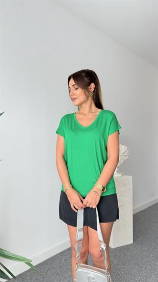 Yeşil V Yaka Viskon Tshirt