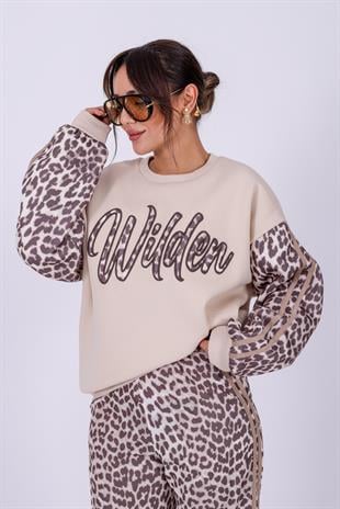 Kollar Leopar Garnili Yazılı Salaş Sweatshirt