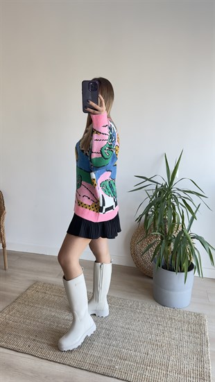Renkli Desenli Tasarım Pembe Kazak