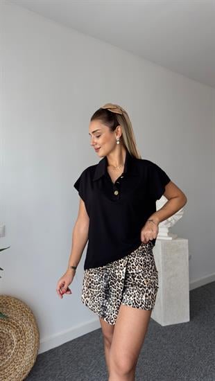 Gold Düğmeli Modal Siyah Bluz